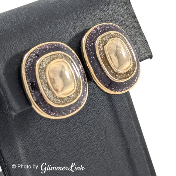 Vintage 80s Dark Purple Glittery Enamel Geometric Gold Tone Clip On Earrings - Picture 2 of 8